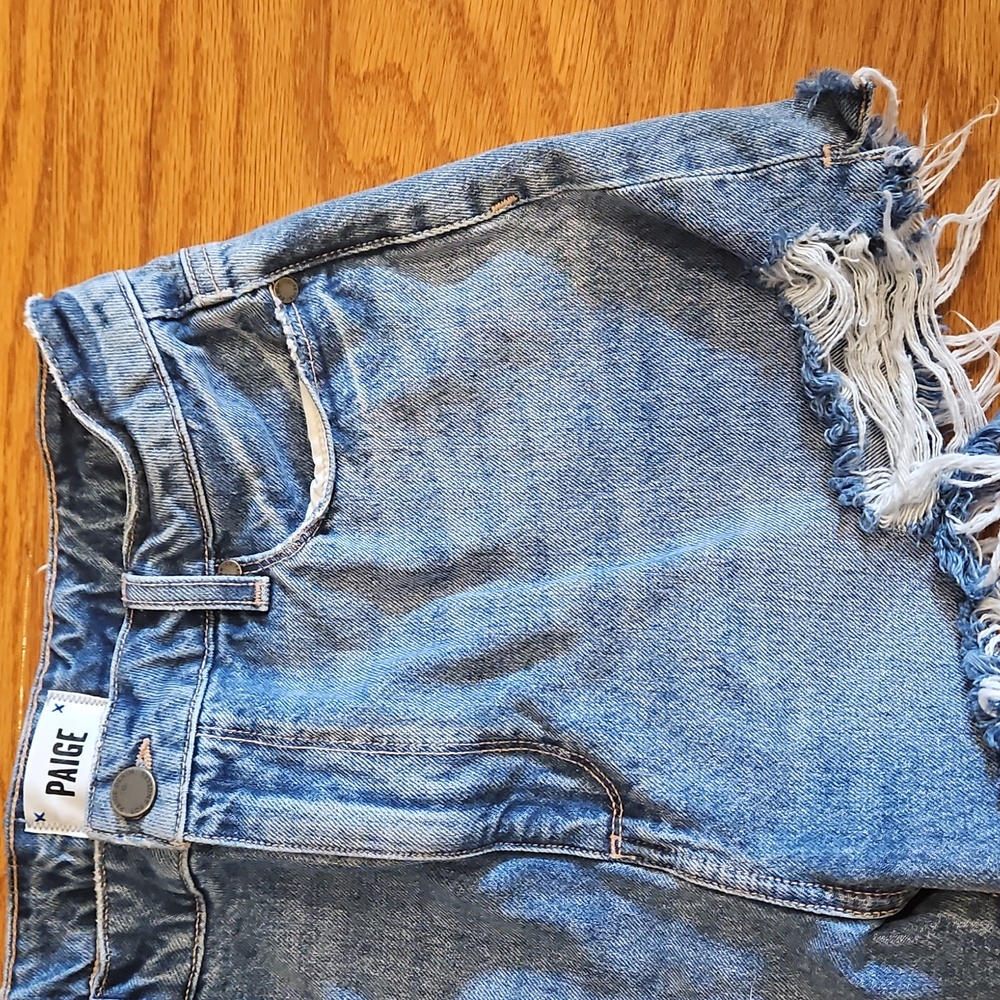 PAIGE Blue Distressed Jean Shorts - Picture 4 of 8